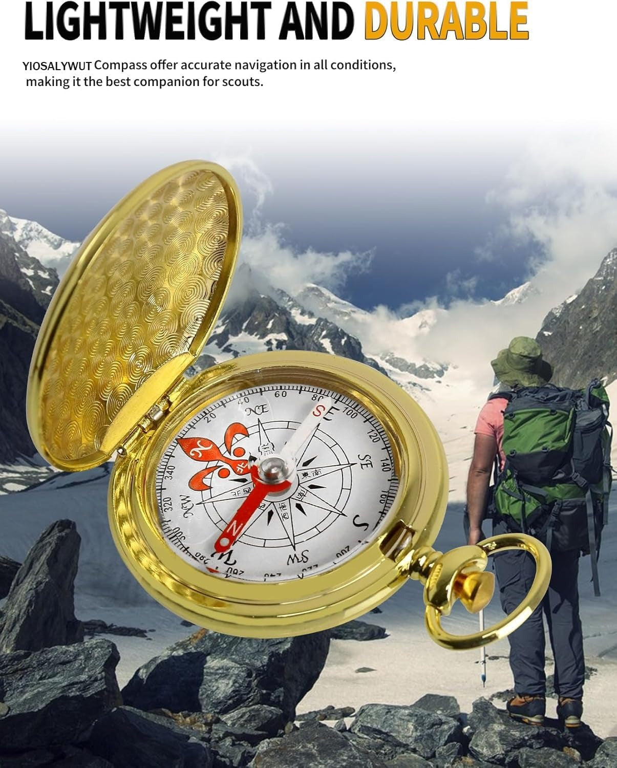 Golden Antique Brass Compass Keychain - Waterproof Pocket Compass for Kids, Perfect Survival Tool & Gift for Boy Scouts with Vintage Golden Compass Design