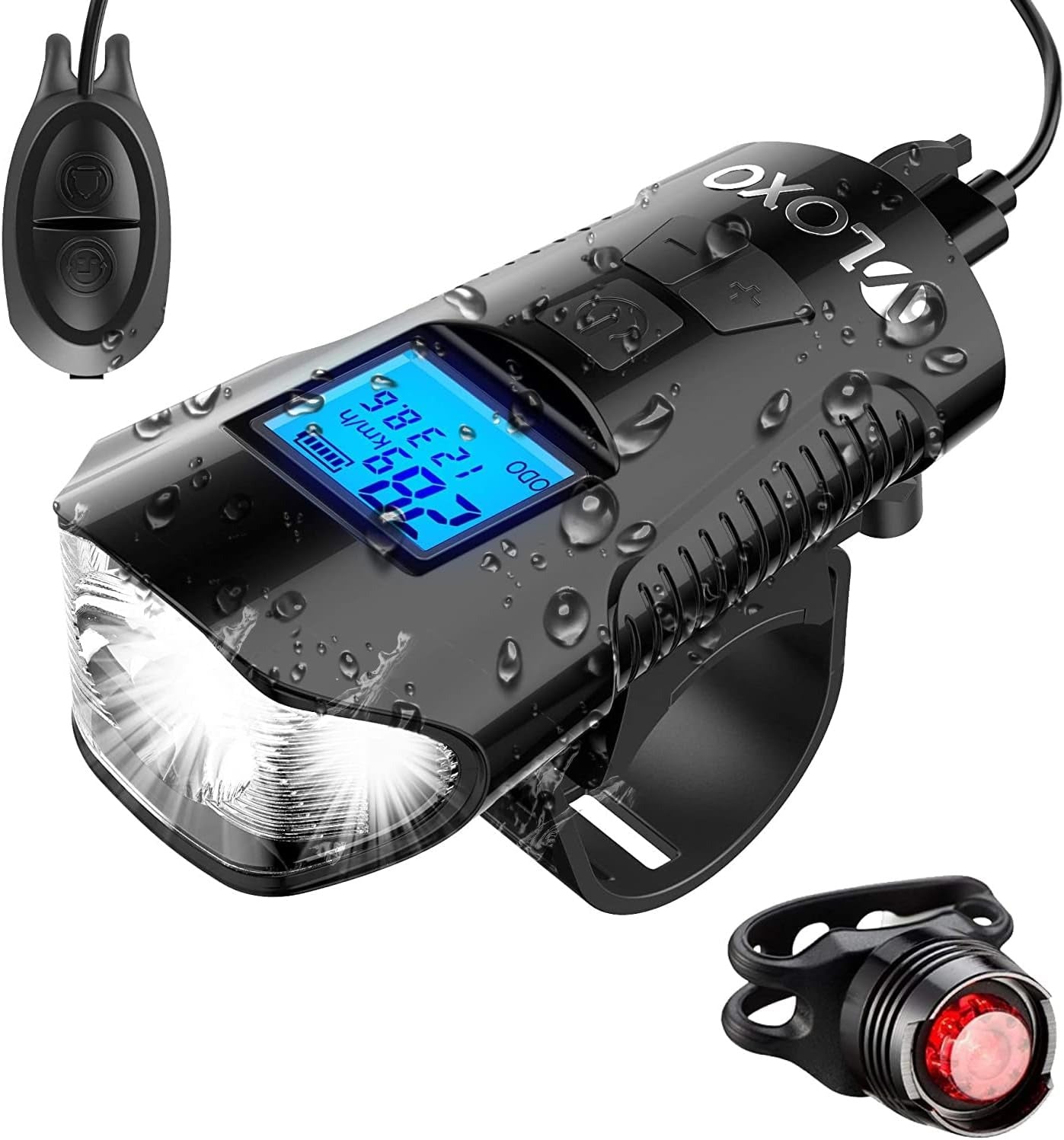 Bike Speedometer with LED Bike Light, IP65 Waterproof Bicycle Odometer with Horn LED Front & Tail Light USB Rechargeable Bicycle Computer