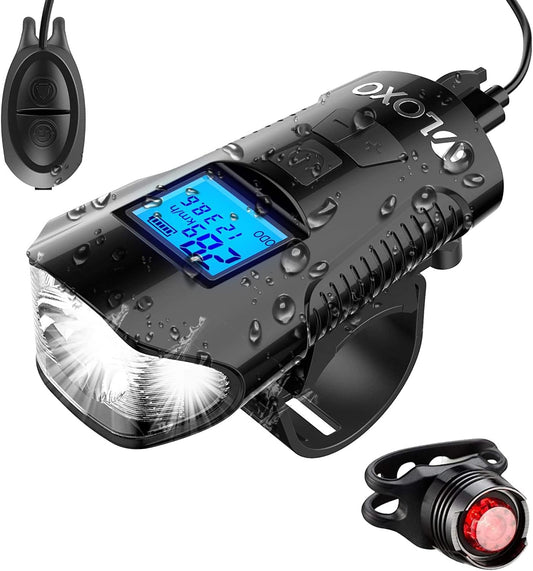 Bike Speedometer with LED Bike Light, IP65 Waterproof Bicycle Odometer with Horn LED Front & Tail Light USB Rechargeable Bicycle Computer