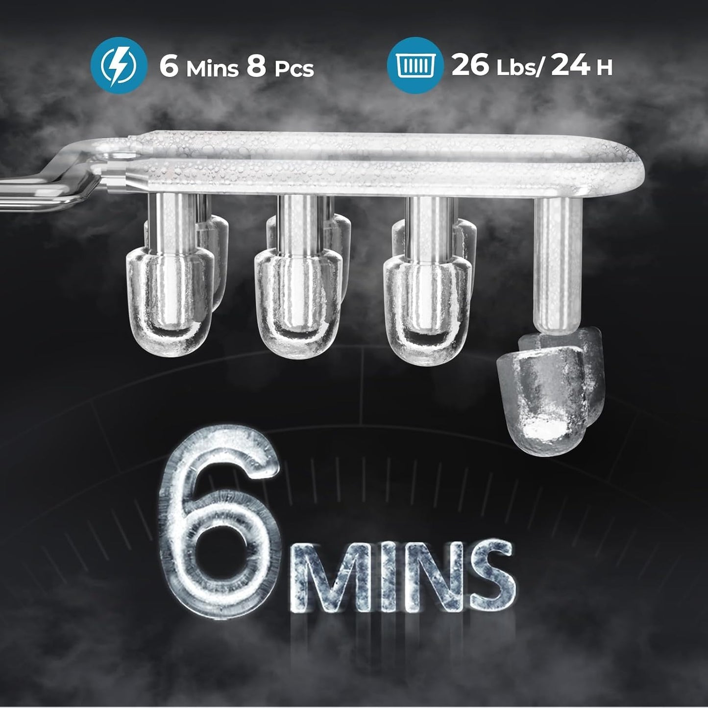 Countertop Ice Maker Machine, 8 Ice Cubes in 6 mins, 26lb/Day Ice with 2 Sizes