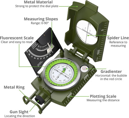 IP65 Compass Hiking Survival - Lensatic Sighting Compass for Camping Navigation, Compass with Clinometer & Carry Bag for Camping Hunting Hiking Geology Activities