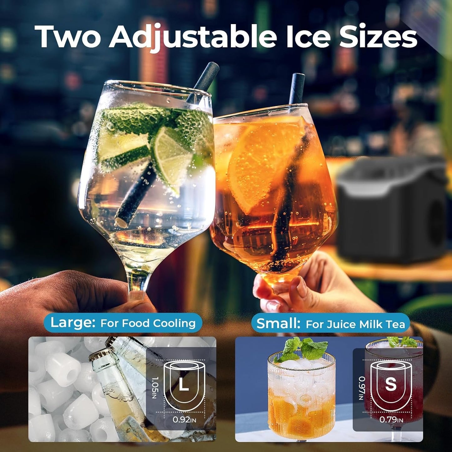 Countertop Ice Maker Machine, 8 Ice Cubes in 6 mins, 26lb/Day Ice with 2 Sizes