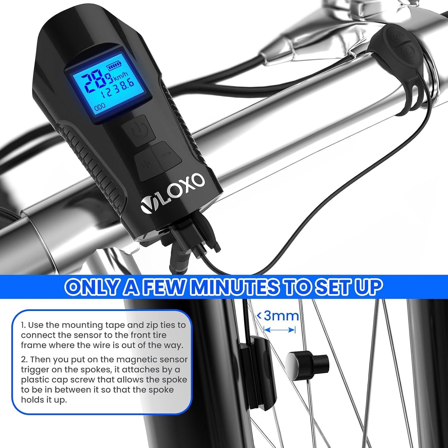 Bike Speedometer with LED Bike Light, IP65 Waterproof Bicycle Odometer with Horn LED Front & Tail Light USB Rechargeable Bicycle Computer