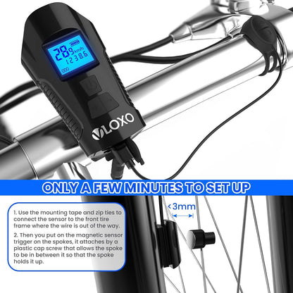 Bike Speedometer with LED Bike Light, IP65 Waterproof Bicycle Odometer with Horn LED Front & Tail Light USB Rechargeable Bicycle Computer