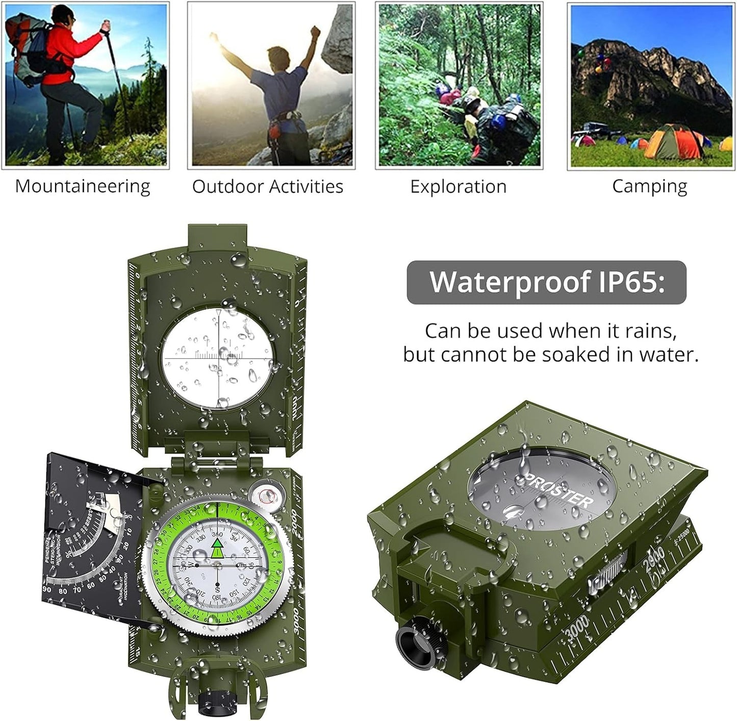 IP65 Compass Hiking Survival - Lensatic Sighting Compass for Camping Navigation, Compass with Clinometer & Carry Bag for Camping Hunting Hiking Geology Activities