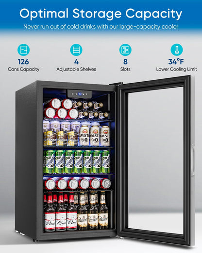 Beverage Refrigerator Cooler - 126 Can Mini Fridge Glass Door