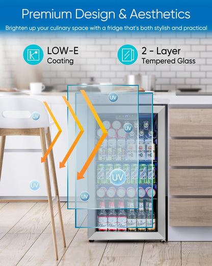 Beverage Refrigerator Cooler - 126 Can Mini Fridge Glass Door