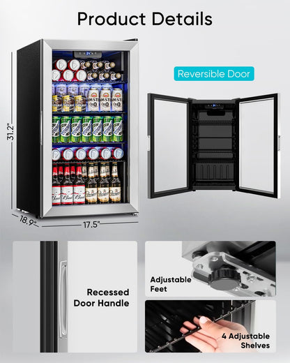 Beverage Refrigerator Cooler - 126 Can Mini Fridge Glass Door