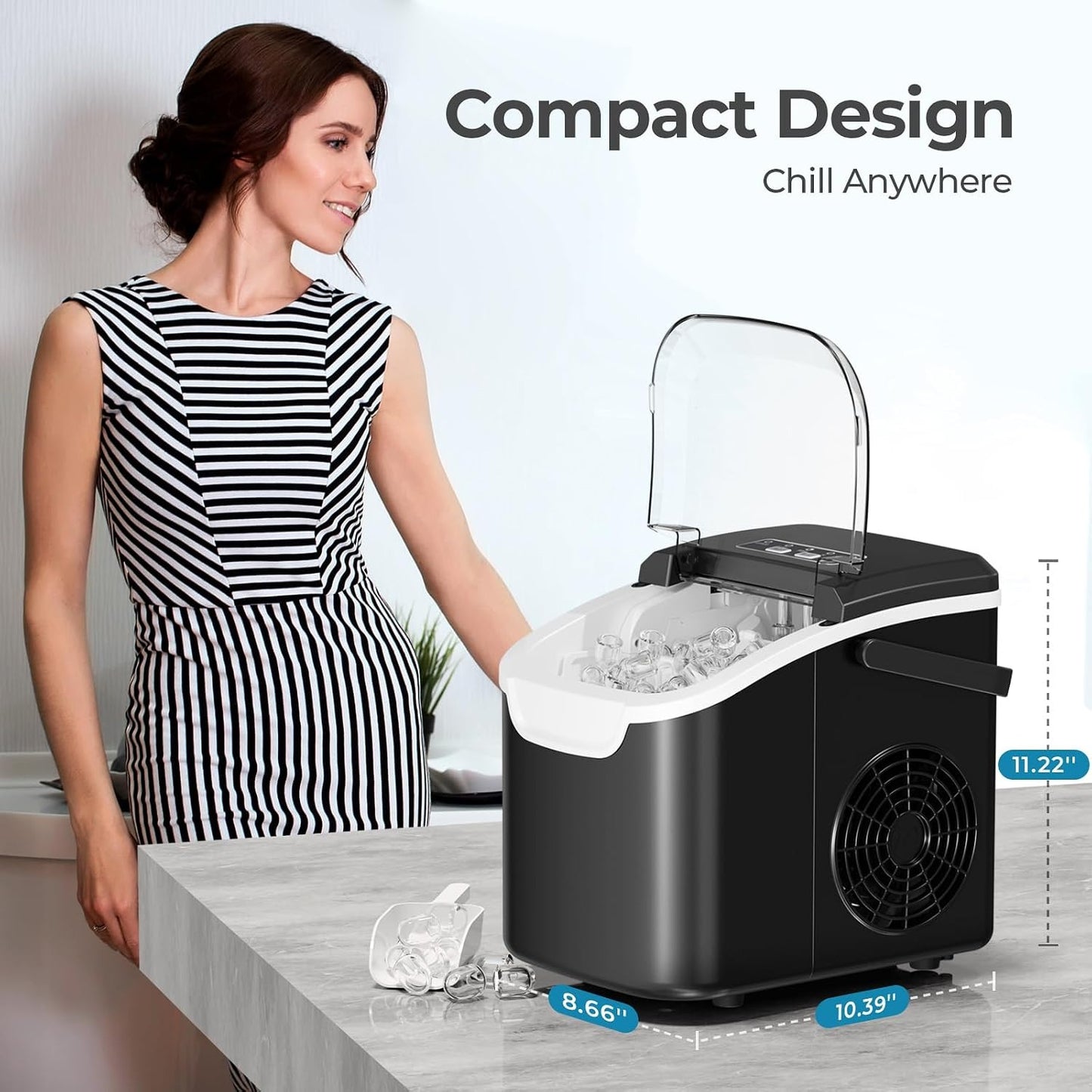 Countertop Ice Maker Machine, 8 Ice Cubes in 6 mins, 26lb/Day Ice with 2 Sizes