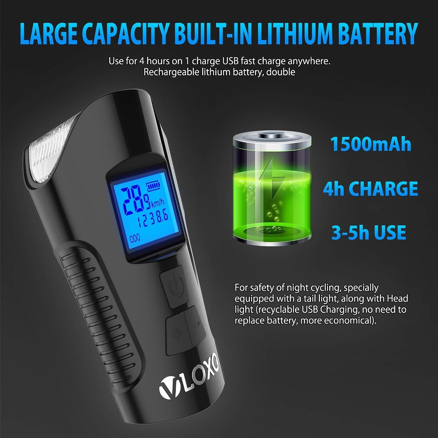 Bike Speedometer with LED Bike Light, IP65 Waterproof Bicycle Odometer with Horn LED Front & Tail Light USB Rechargeable Bicycle Computer