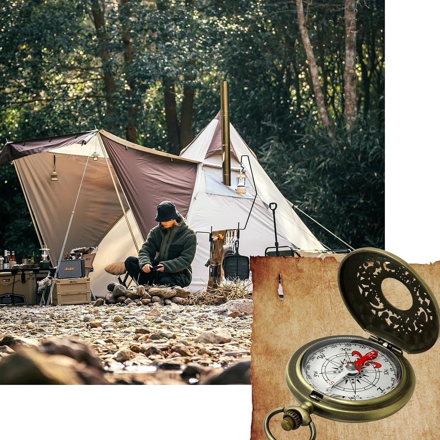 Antique Brass Compass - Waterproof Survival Compass for Hiking & Camping